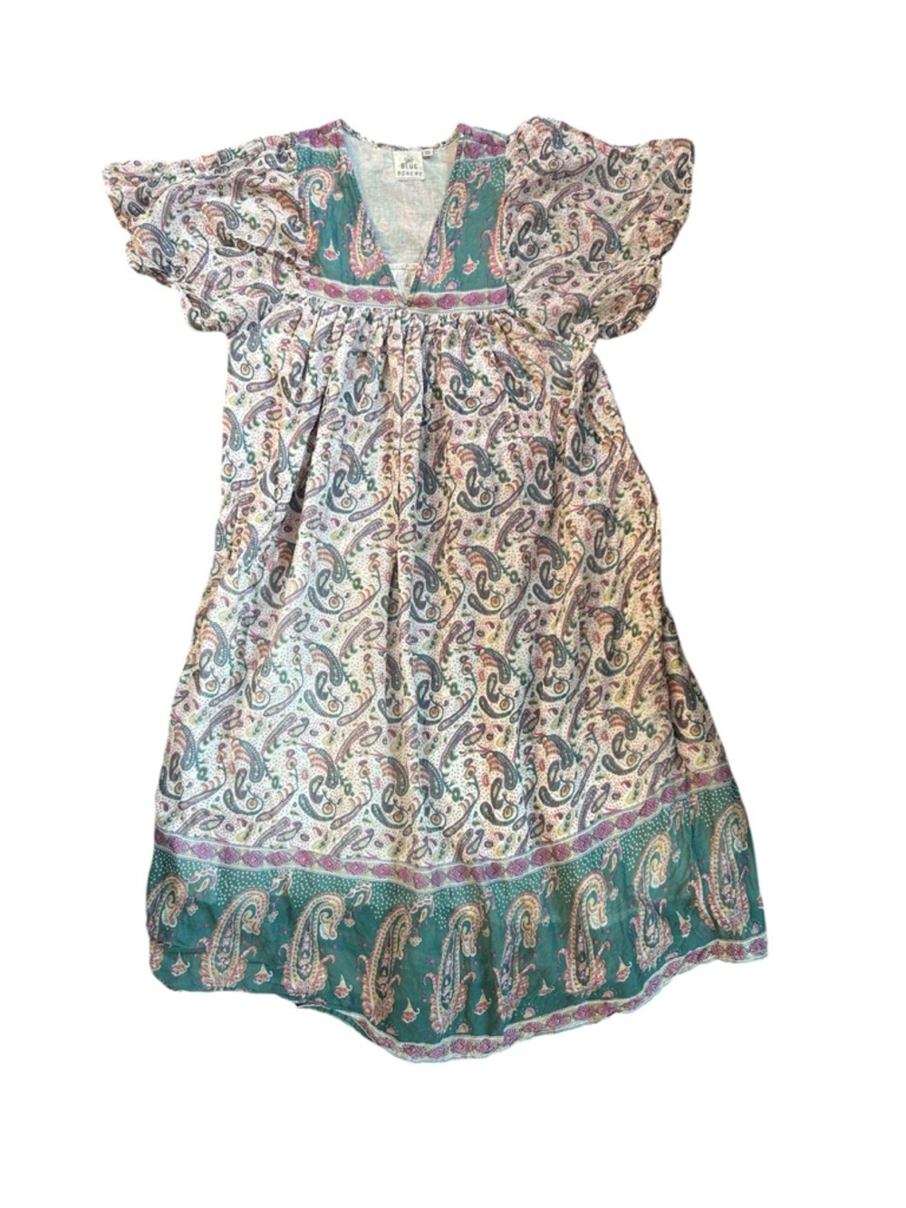 Blue Boheme Petal Printed Maxi Dress OS Teal Flutter Sleeves Cotton Boho Coastal